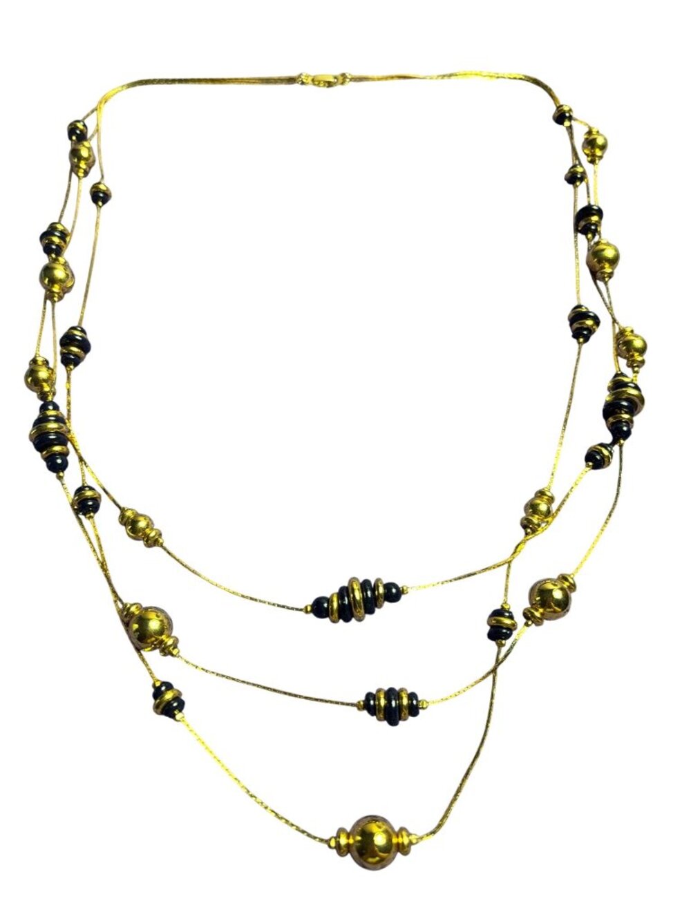 Vintage Lightweight 3 Strand Goldtone Black Beaded Necklace Fold Over Clasp